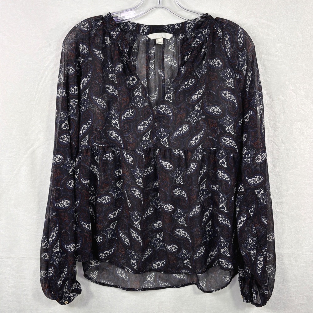 HM Womens XS Navy Blue Paisley Chiffon Peplum Blouse V-Neck Gold Shell Button